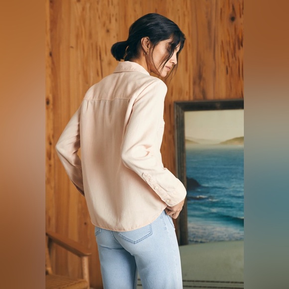 FAHERTY Women's Large Tried & True Chambray Shirt Peach Whip Collar Linen Blend - Picture 16 of 16